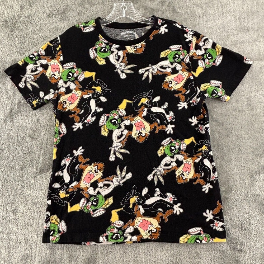 Looney Tunes Allover Print T-Shirt Adult L Black Taz Bugs Daffy Sylvester Marvin